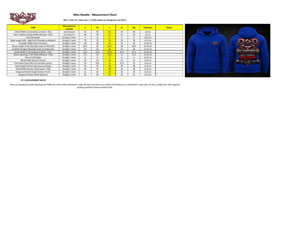 DAD Premium Hoodie Size Guide