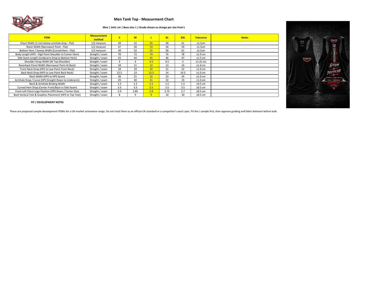 DAD Men's Stringer Vest Size Guide