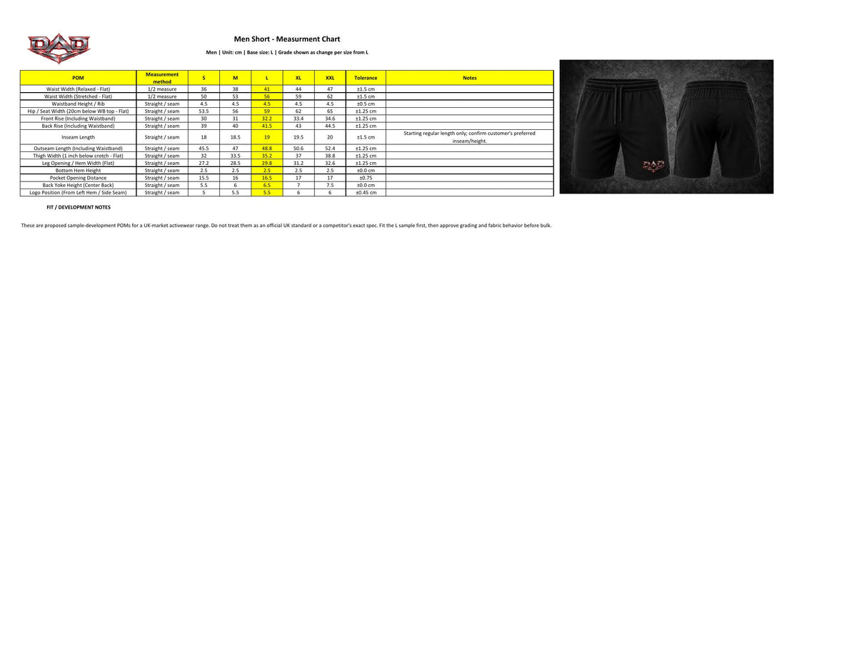DAD Men's Training Shorts Size Guide