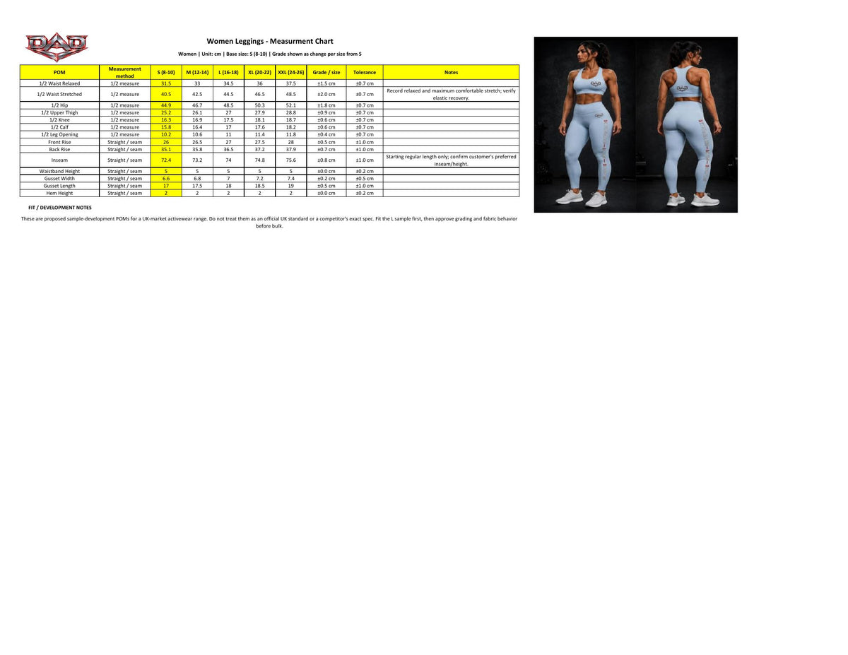 DAD Women's Leggings Size Guide