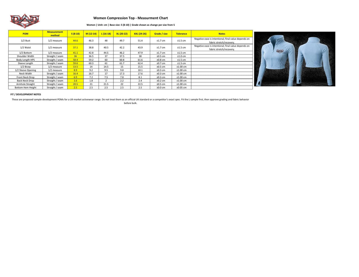 DAD Women's Long-Sleeve Crop Top Size Guide