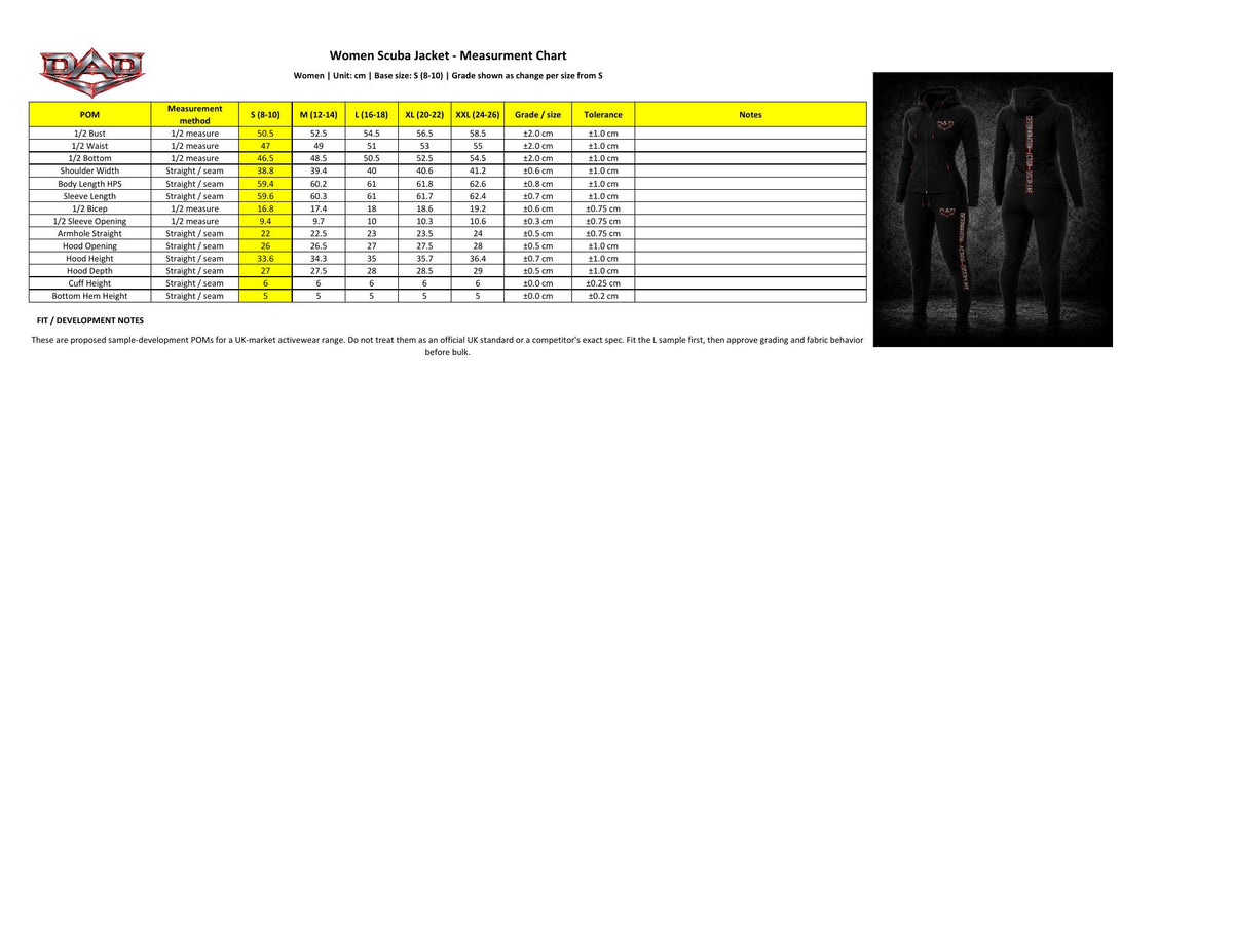 DAD Women's Scuba Track Top Size Guide