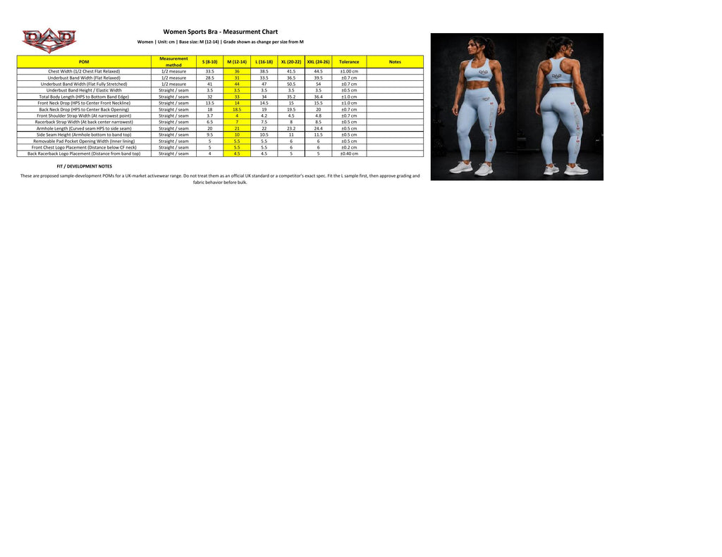 DAD Women's Sports Bra Size Guide