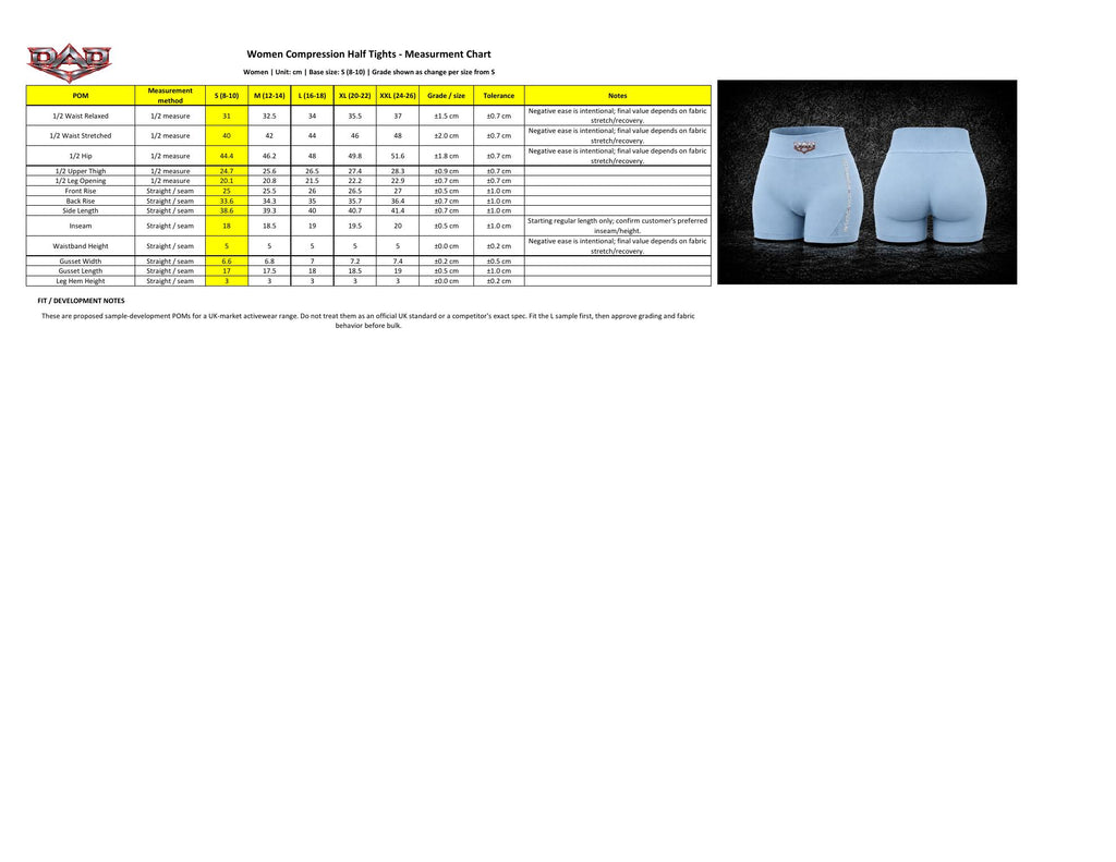 DAD Women's Training Shorts Size Guide