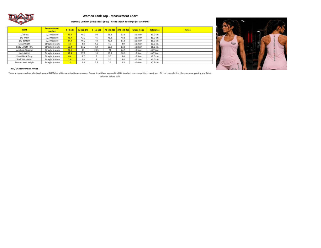 DAD Women's Training Top Size Guide