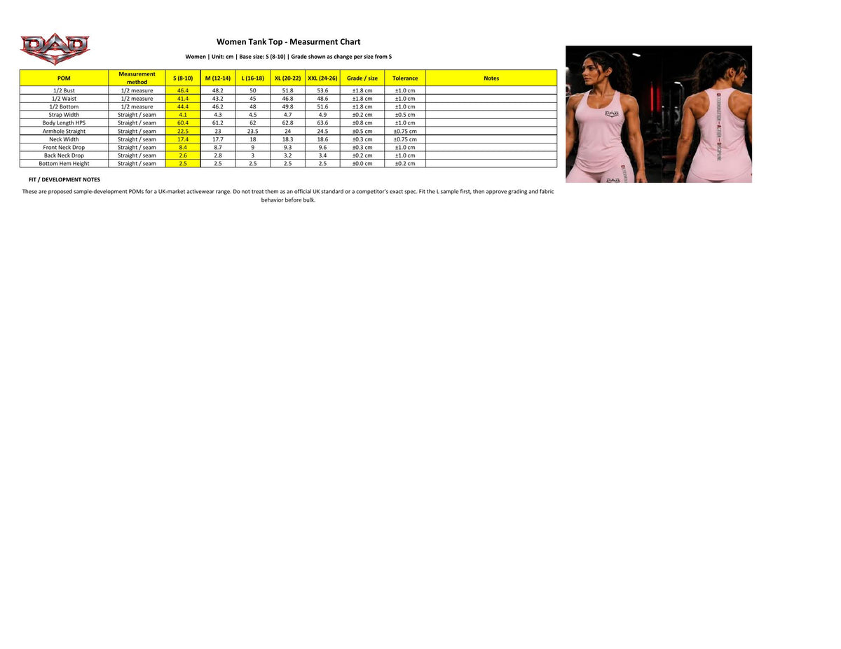 DAD Women's Training Top Size Guide